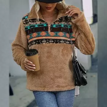 Плюшевый свитшот с длинными рукавами, женский свободный пуловер с воротником-стойкой, карманом и половиной молнии S кофейный