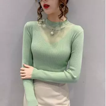 Плюшевый трикотажный топ с полувысоким воротом и ажурной сеткой для женщин, облегающий свитер с длинными рукавами, основа для женщин на осень и зиму S зелёный