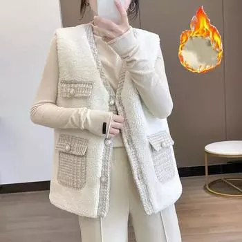 Плюшевый жилет женский осенне-зимний удобный мягкий теплый топ без рукавов с v-образным вырезом на пуговицах свободный кардиган жилет M