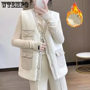 Плюшевый жилет женский осенне-зимний удобный мягкий теплый топ без рукавов с v-образным вырезом на пуговицах свободный кардиган жилет M