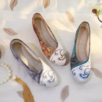 [Плывущее облако] Весна 2024 г. Танцевальные туфли-чонсам в китайском стиле с острым носком - женская обувь из ткани Old Beijing с ретро-принтом 37 синий