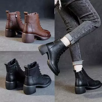 Pmwrun Женские ботинки из коровьей кожи с боковой молнией на шнуровке Ботильоны на платформе Плоская женская обувь 35 чёрный