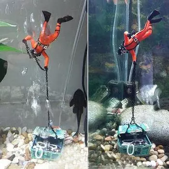 Пневматическое украшение для аквариума, нужно подключение воздушного насоса, сундук с сокровищами, украшение для аквариума охотника-дайвера оранжевый