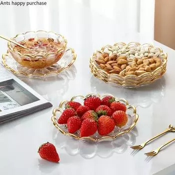 Пномпень Прозрачная стеклянная тарелка Тарелка для фруктов Поднос для закусок Десертная тарелка Салатница Фруктовая вилка Емкость для хранения Набор ложек и вилок