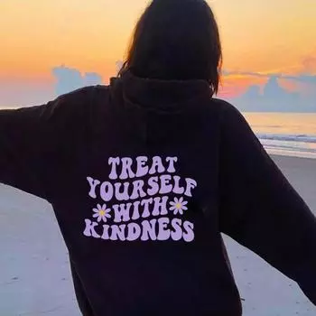 Побалуйте себя толстовками с принтом на спине Kindnes Модные позитивные высказывания Эстетичная толстовка с капюшоном для женщин Повседневная толстовка с капюшоном Tumblr S чёрный