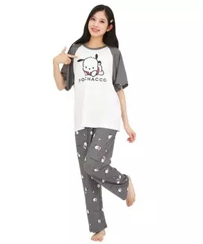 Pochacco Covered Powder Short Long Top and Bottom Room Loungewear x [SAZAC] Пижама, Эластичная, Женская, Рукава, Брюки, Комплект, Одежда, (Серый