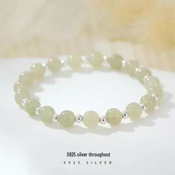 Под деревом баньяна S925 Серебряный женский браслет с бусинами из нефрита и хетианского серебра - Элегантный ретро-дизайн BRS358, 925 Silver