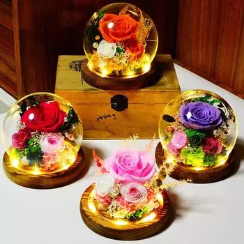 Подарки из настоящих роз для женщин, подарки на день рождения для женщин, женские подарки на Рождество, зажженная роза в стеклянном куполе, цветочные подарки для нее, юбилей