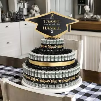 Подарки на выпускной 2025 года, 3-х ярусный торт, наполненный наличными деньгами, украшение на выпускной 2025 года для мальчиков и девочек, принадлежности для вечеринки по случаю окончания средней школы и колледжа чёрный