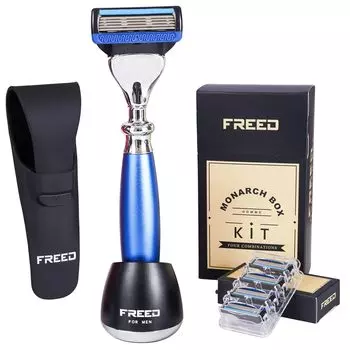 Подарочная коробка для безопасной бритвы FREED из алюминиевого сплава, устойчивая к коррозии. В подарочный набор входит силиконовый чехол для хранения бритвы и 5 сменных лезвий.