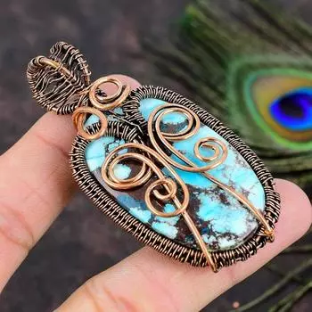 Подарочная подвеска из медной проволоки с натуральным тибетским бирюзовым камнем 2,84 k9t34