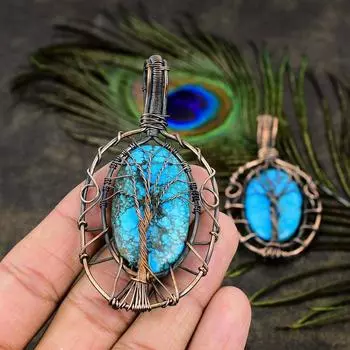 Подарочная подвеска из медной проволоки с натуральным тибетским бирюзовым камнем 3,23 дюйма g2l89