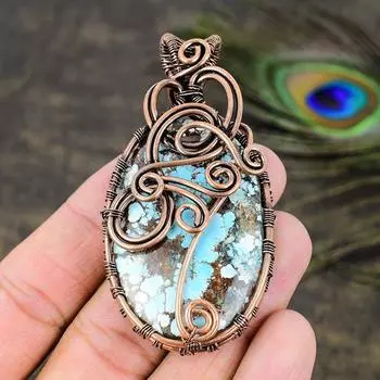 Подарочная подвеска из медной проволоки с натуральным тибетским бирюзовым камнем 2,96 I7Q23