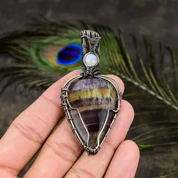 Подарочная подвеска из медной проволоки с натуральным флюоритом и лунным камнем, 2,99 дюйма, J8D92