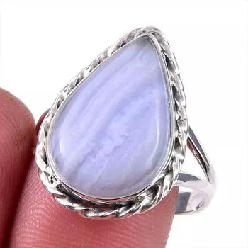 Подарочное кольцо из чистого серебра 925 пробы с натуральным голубым кружевным агатом S.10 K6F25