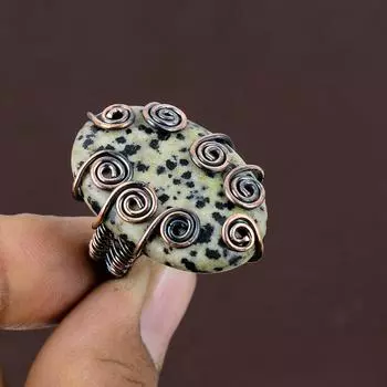 Подарочное кольцо из медной проволоки с натуральным далматинским обсидианом, размер 8 V2W17