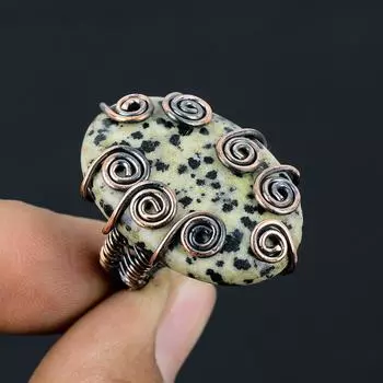 Подарочное кольцо из медной проволоки с натуральным далматинским обсидианом, размер 8 C9I59