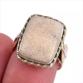 Подарочное кольцо из натурального ископаемого коралла, двухцветное серебро 925 пробы S.6.5 i7K91