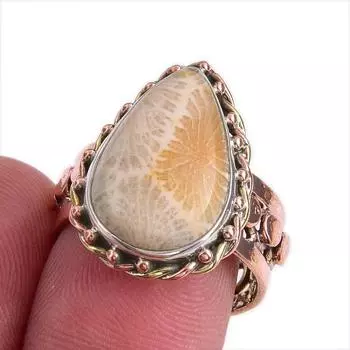 Подарочное кольцо из натурального ископаемого коралла, двухцветное серебро 925 пробы S.7.5 K9P29