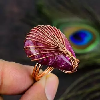 Подарочное кольцо из натурального розового солнечного кварца с медной проволокой, размер 9,5 u2t83