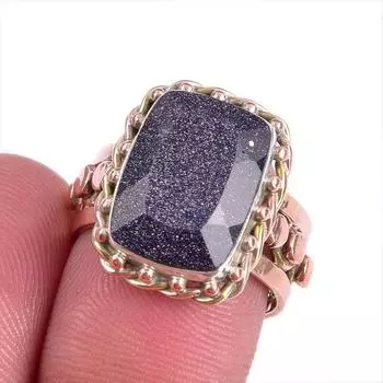 Подарочное кольцо из натурального синего солнечного камня, двухцветное серебро 925 пробы S.7 R3k17