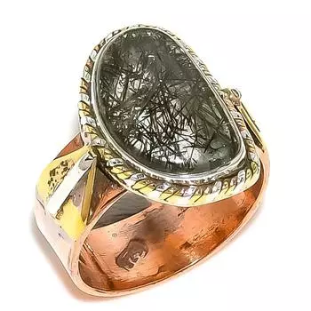 Подарочное кольцо из серебра 925 пробы с натуральным черным рутиловым камнем в двух тонах S.6.5 V7W04