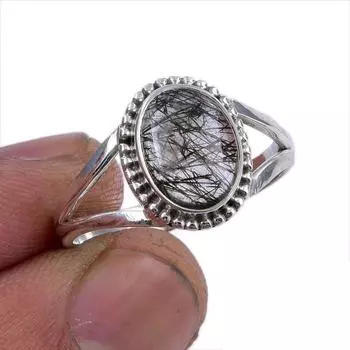 Подарочное кольцо из серебра 925 пробы с натуральным черным рутиловым камнем ручной работы S.9.5 R3R96