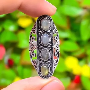 Подарочное кольцо из серебра 925 пробы с натуральным лабрадоритом, размер 10,75 g0c63