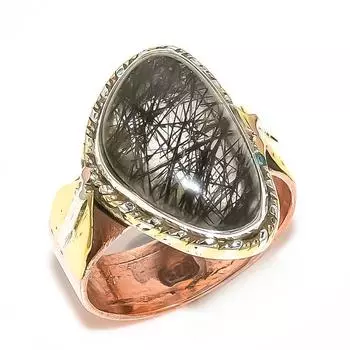Подарочное кольцо из серебра 925 пробы с натуральным черным рутиловым камнем в двух тонах S.7.5 u6T64