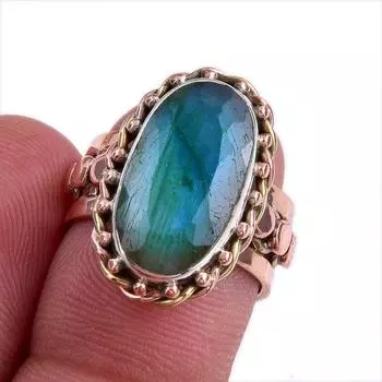 Подарочное кольцо из серебра 925 пробы с натуральным лабрадоритом, двухцветное, размер S.5.5 s9l56