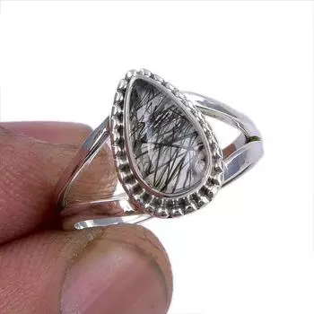 Подарочное кольцо из серебра 925 пробы с натуральным черным рутиловым камнем ручной работы S.5.5 d6J82