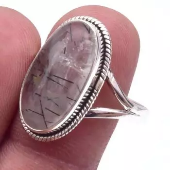 Подарочное кольцо из серебра 925 пробы с натуральным черным рутиловым камнем ручной работы S.10 y8m06
