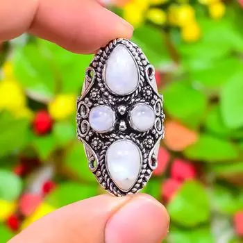 Подарочное кольцо из стерлингового серебра 925 пробы с натуральным радужным лунным камнем, размер 8 Y3B74