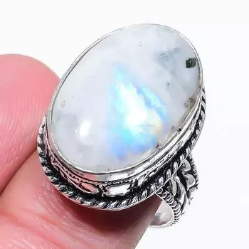 Подарочное кольцо из стерлингового серебра 925 пробы с натуральным радужным лунным камнем, размер 9 N7E48
