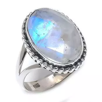 Подарочное кольцо из стерлингового серебра 925 пробы с натуральным радужным лунным камнем S.6 t9z91