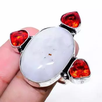 Подарочное кольцо из стерлингового серебра 925 пробы с натуральным радужным лунным камнем и гранатом, размер 6,5 b3C41