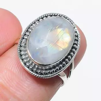 Подарочное кольцо из стерлингового серебра 925 пробы с натуральным радужным лунным камнем S.6 l1L81