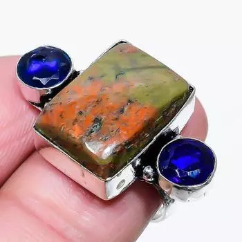 Подарочное кольцо из стерлингового серебра 925 пробы с натуральным унакитом и топазом, размер 7,5 H1m01