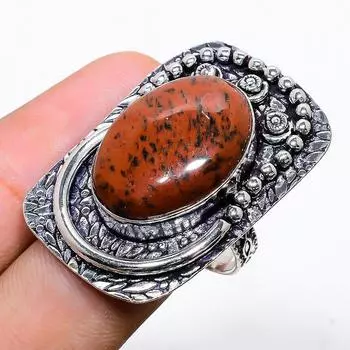 Подарочное кольцо из стерлингового серебра 925 пробы с натуральным обсидианом красного дерева, размер 9 r3r96