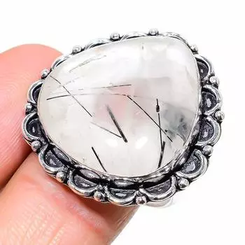 Подарочное кольцо из стерлингового серебра 925 пробы с натуральным черным рутилом, размер 10,5 T2s99