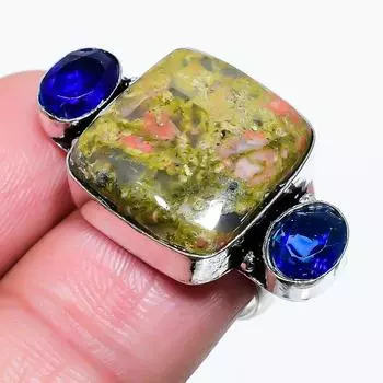 Подарочное кольцо из стерлингового серебра 925 пробы с натуральным унакитом и топазом, размер 7,5 n7o17