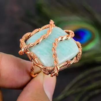 Подарочное кольцо ручной работы из медной проволоки с натуральным драгоценным камнем амазонитом, размер 8,5 J4b24