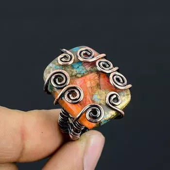 Подарочное кольцо ручной работы из медной проволоки с натуральным драгоценным камнем колючая устрица, размер 6 Z9O12