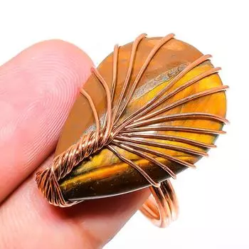 Подарочное кольцо ручной работы из медной проволоки с натуральным драгоценным камнем «Тигровый глаз», размер 9 T5u55