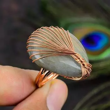 Подарочное кольцо ручной работы из медной проволоки с натуральным лабрадоритом, размер 8 u7C47