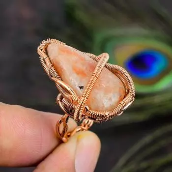 Подарочное кольцо ручной работы из медной проволоки с натуральным солнечным камнем, размер 6 o5p07