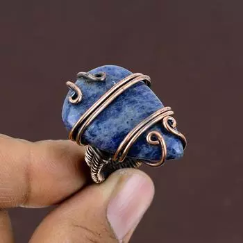 Подарочное кольцо ручной работы из медной проволоки с натуральным драгоценным камнем содалитом, размер 6 F5i88