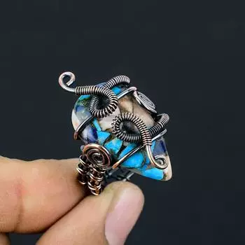 Подарочное кольцо ручной работы из медной проволоки с натуральным драгоценным камнем колючая устрица, размер 7 B7M74