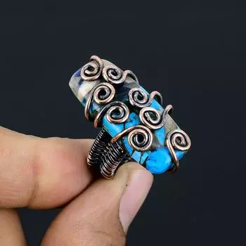 Подарочное кольцо ручной работы из медной проволоки с натуральным драгоценным камнем колючая устрица, размер 7 e4F72