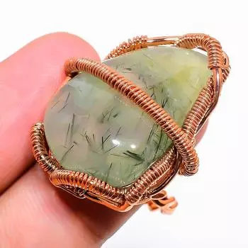 Подарочное кольцо ручной работы из медной проволоки с натуральным драгоценным камнем пренитом, размер 9 B5B29